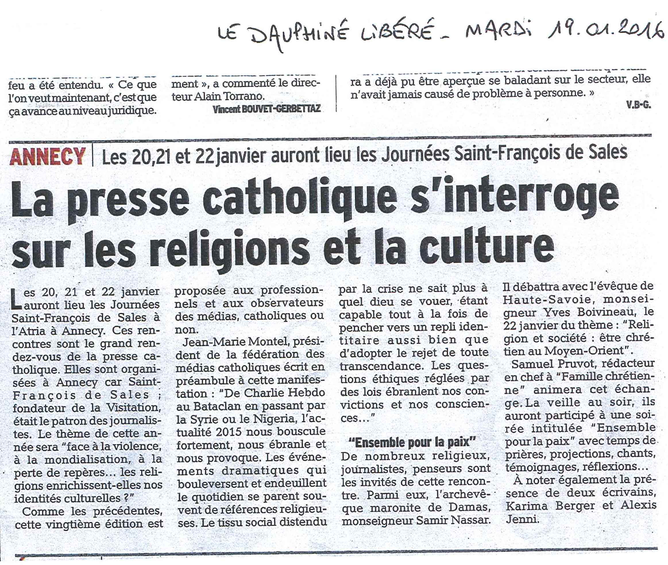 Le Dauphiné Libéré 19 01 2016 Religions et culture